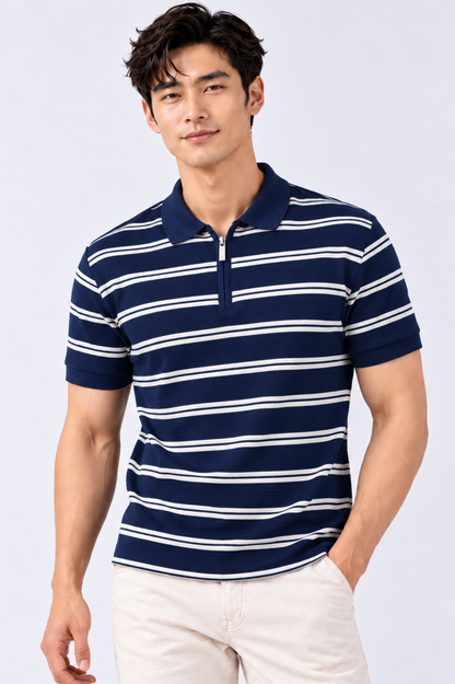 CAPE COD - Men's Textured Striped Quarter-Zip Polo