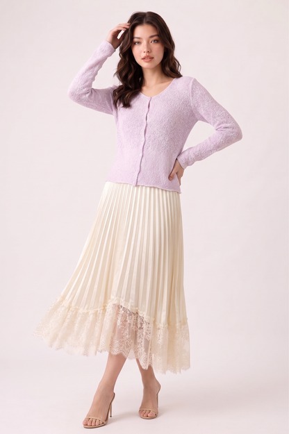 Pleated Satin Midi Skirt with Lace Trim