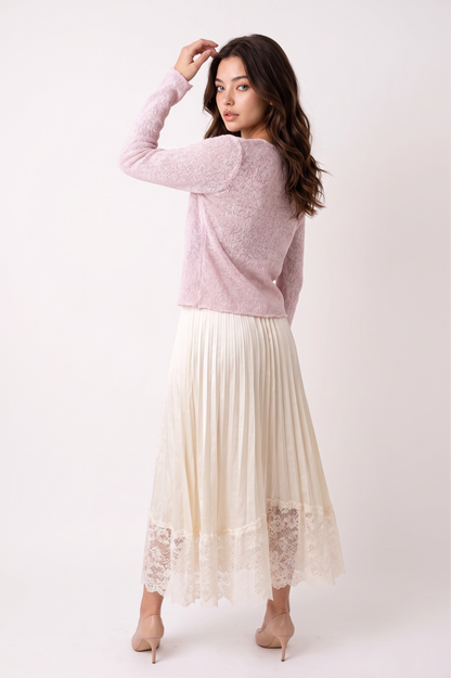 Pleated Satin Midi Skirt with Lace Trim