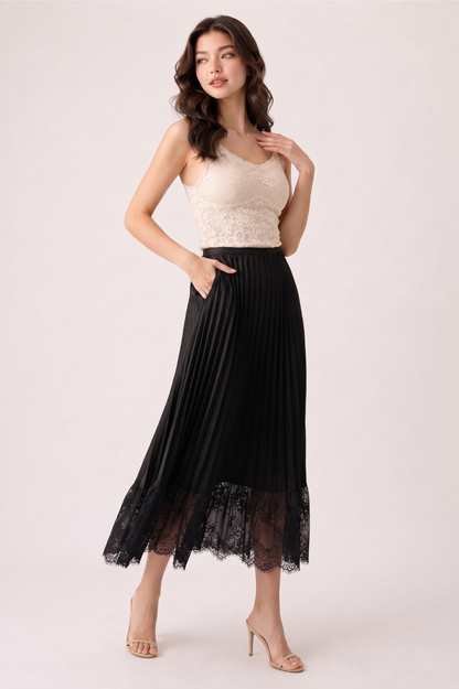 Pleated Satin Midi Skirt with Lace Trim