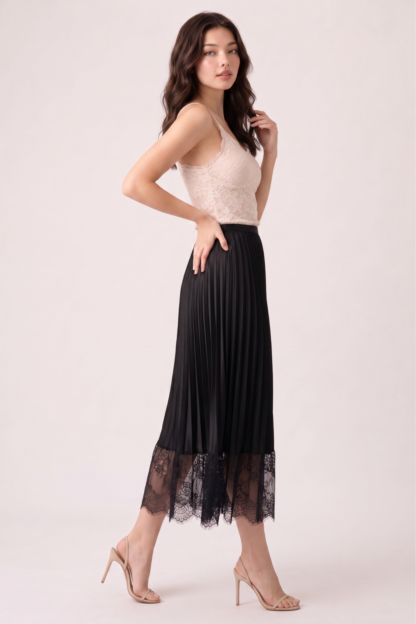 Pleated Satin Midi Skirt with Lace Trim