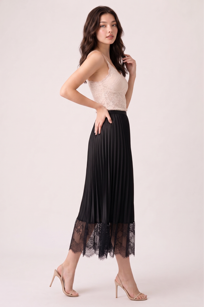 Pleated Satin Midi Skirt with Lace Trim
