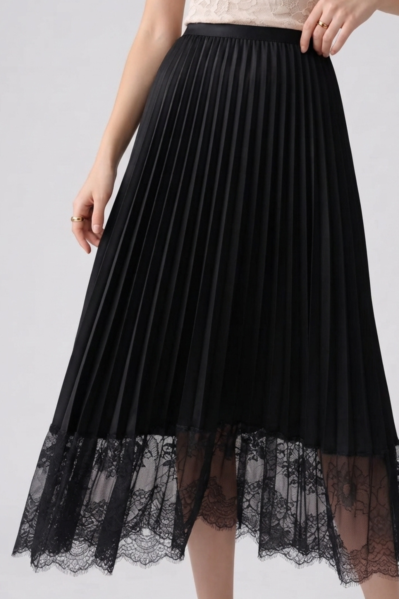Pleated Satin Midi Skirt with Lace Trim
