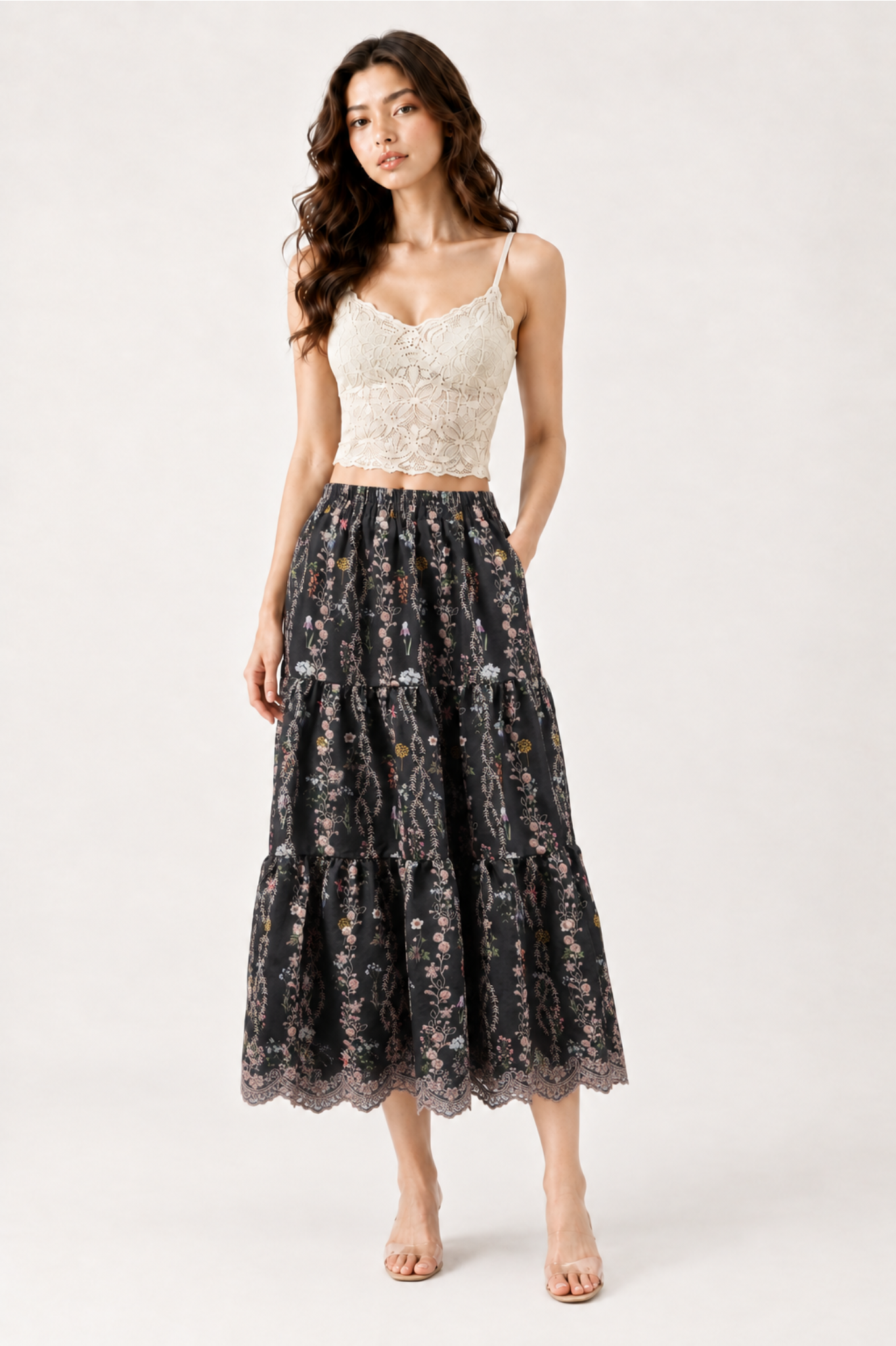 Floral Tiered Maxi Skirt with Lace Hem