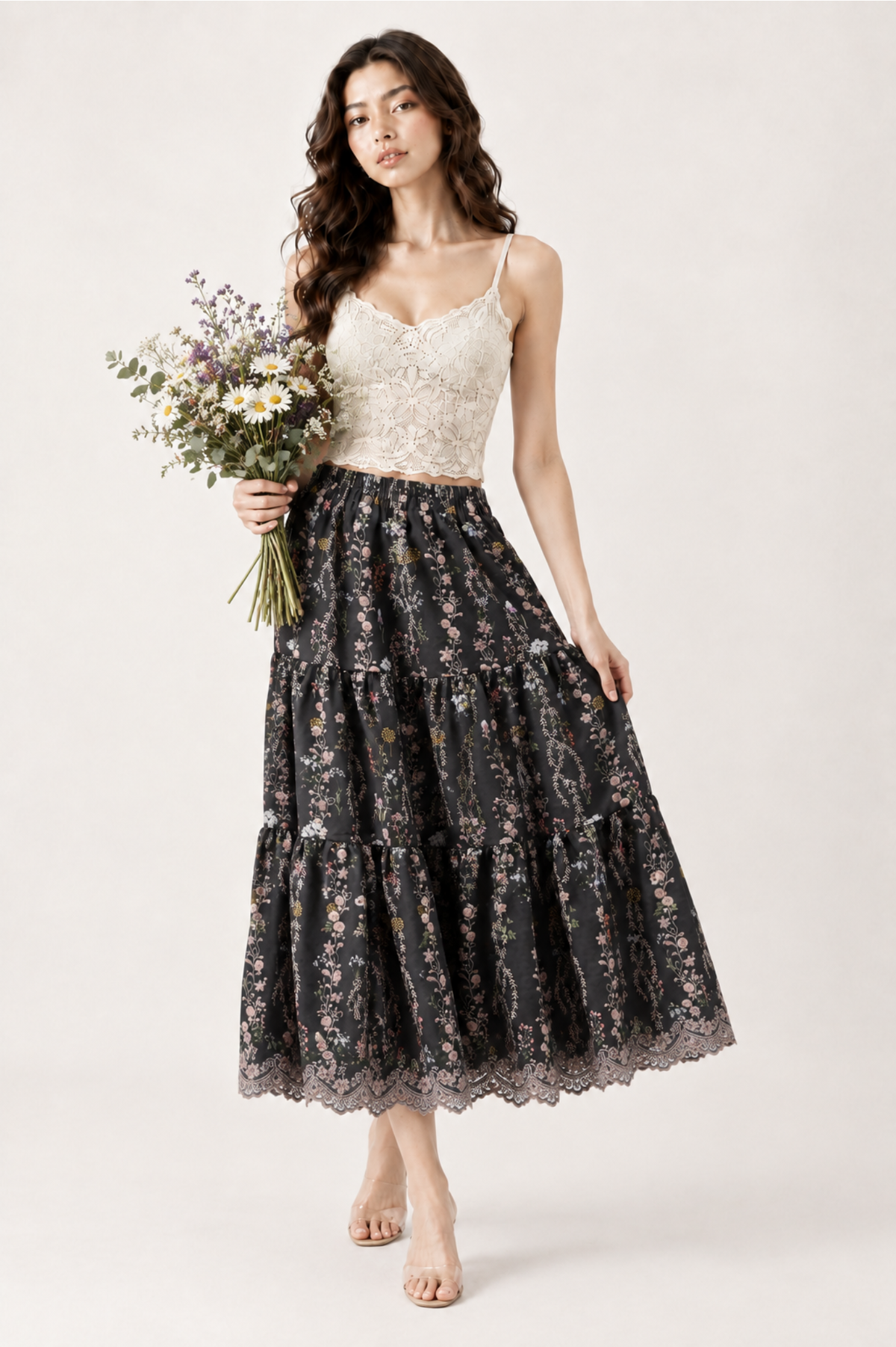 Floral Tiered Maxi Skirt with Lace Hem