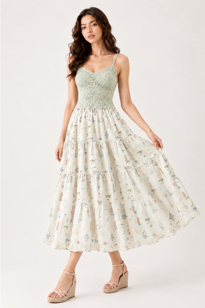 Floral Tiered Maxi Skirt with Lace Hem