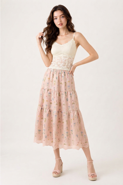 Floral Tiered Maxi Skirt with Lace Hem