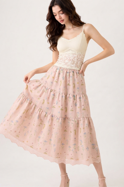Floral Tiered Maxi Skirt with Lace Hem