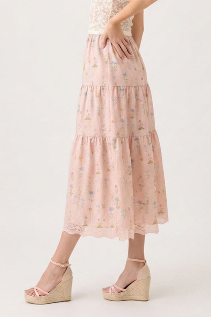 Floral Tiered Maxi Skirt with Lace Hem