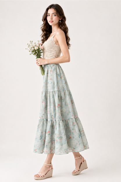 Rosette Tiered Maxi Skirt