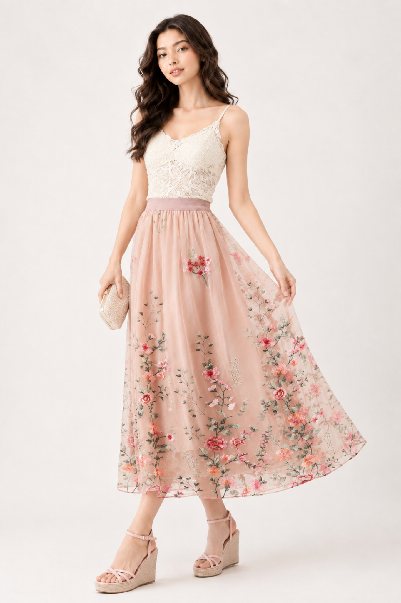 Blush Floral Embroidered Tulle Midi Skirt