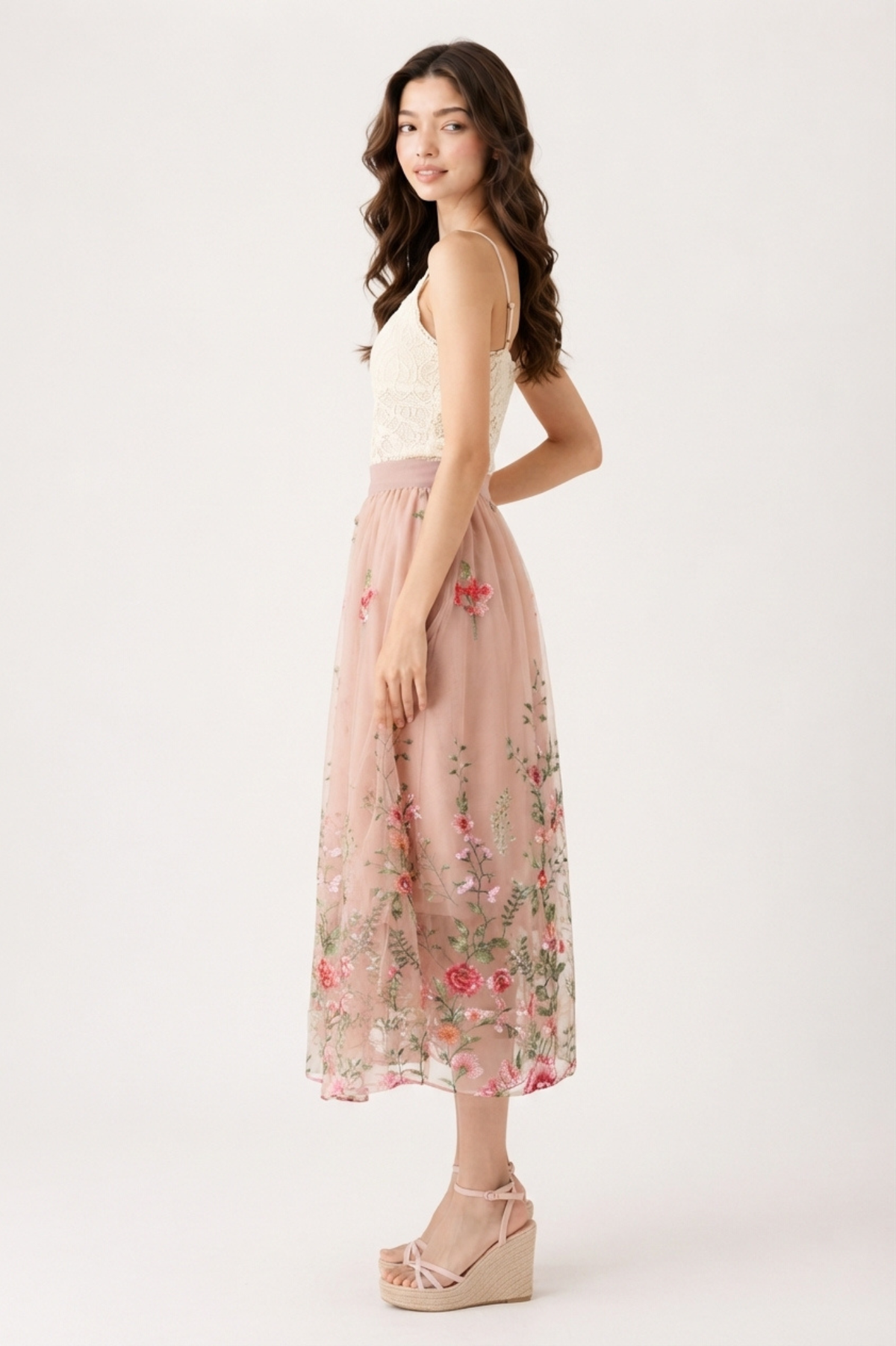 Blush Floral Embroidered Tulle Midi Skirt
