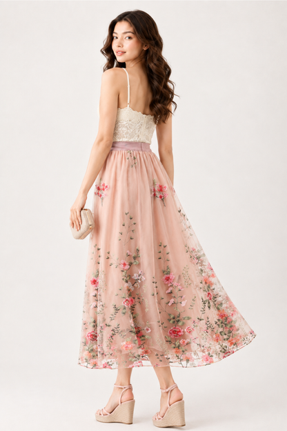 Blush Floral Embroidered Tulle Midi Skirt