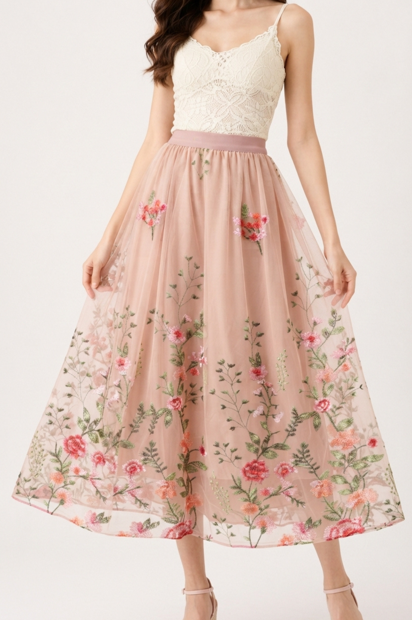 Blush Floral Embroidered Tulle Midi Skirt