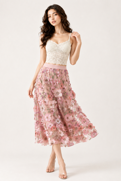 Pink Floral Mesh Midi Skirt