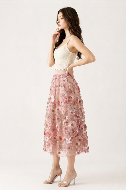 Pink Floral Mesh Midi Skirt
