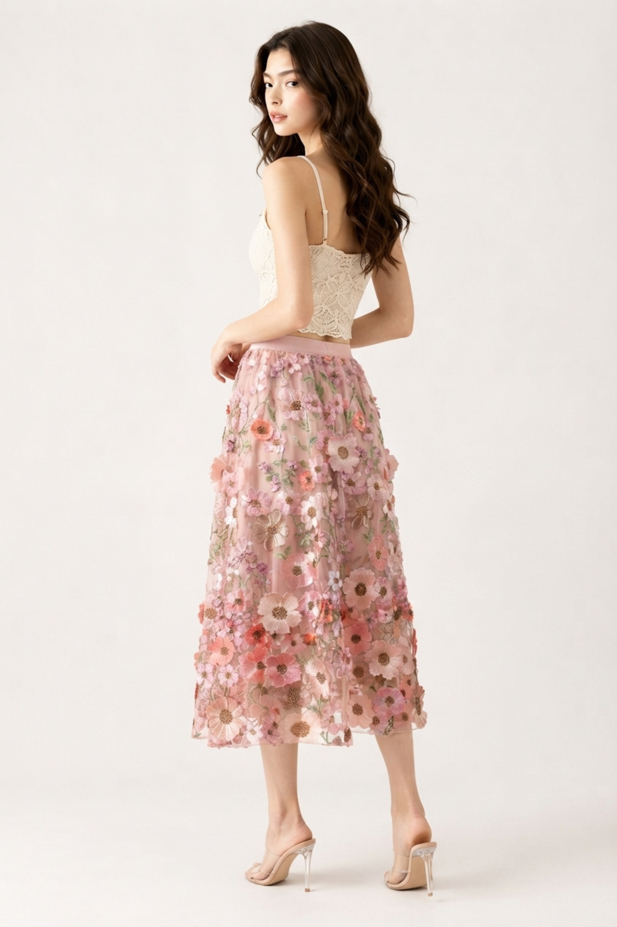Pink Floral Mesh Midi Skirt