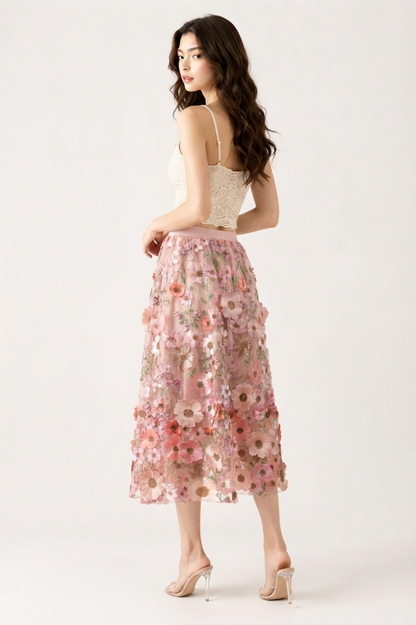Pink Floral Mesh Midi Skirt