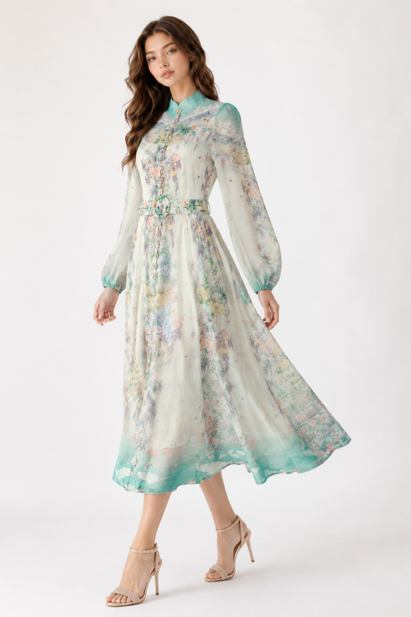 Meadow Mist Midi Dress with Belt