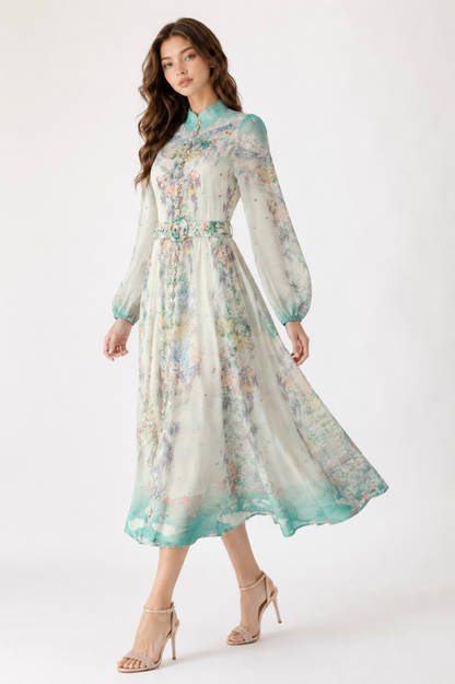Meadow Mist Midi Dress with Belt