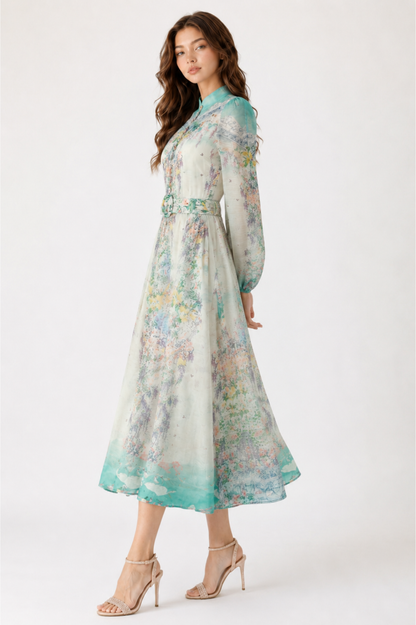 Meadow Mist Midi Dress with Belt