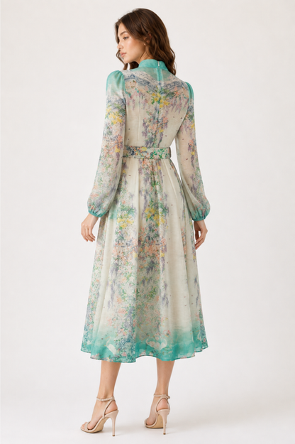 Meadow Mist Midi Dress with Belt
