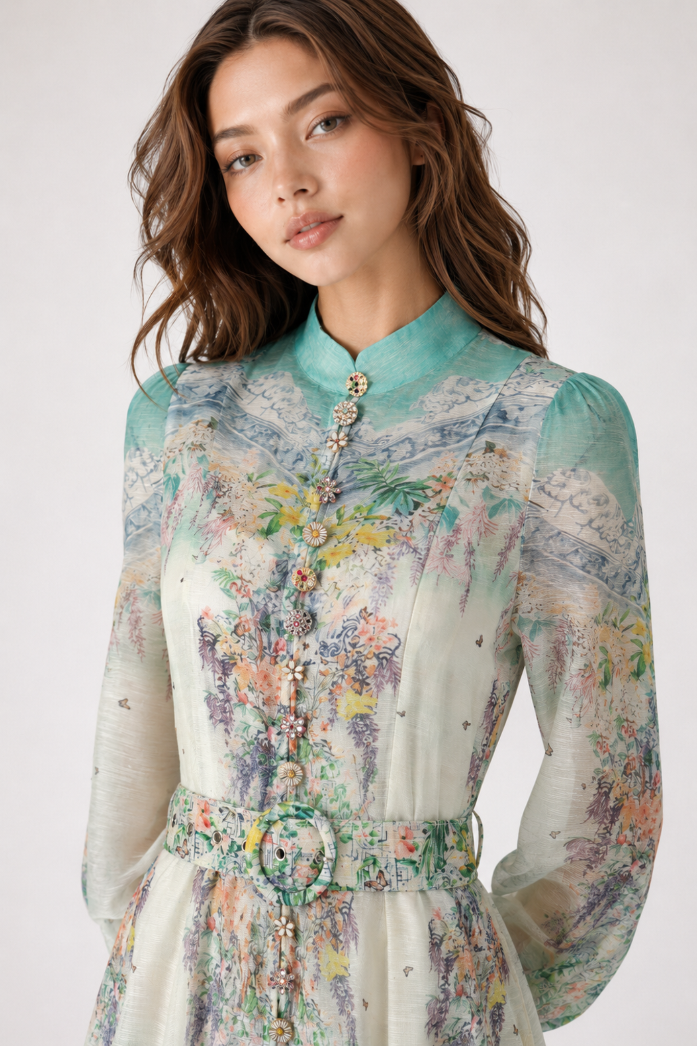 Meadow Mist Midi Dress with Belt