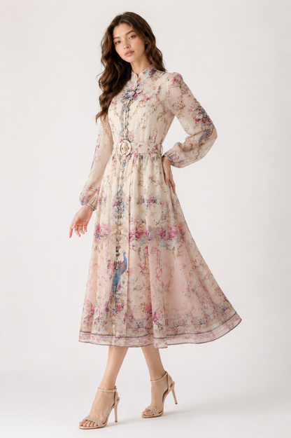 Floral Peacock Print Midi Dress with Belt
