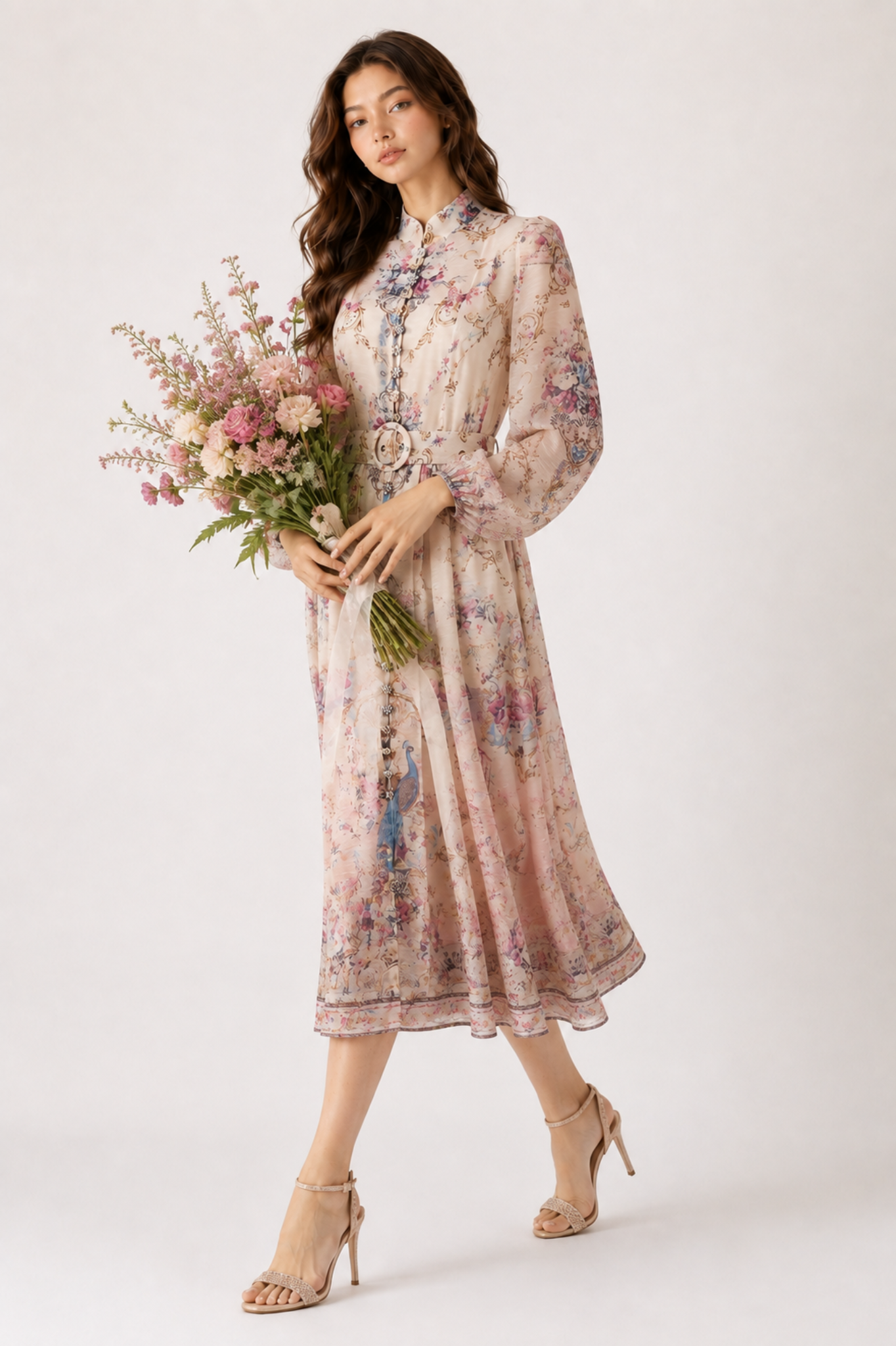 Floral Peacock Print Midi Dress with Belt