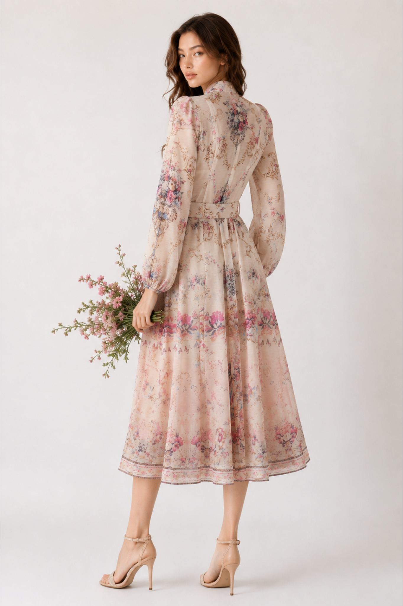 Floral Peacock Print Midi Dress with Belt