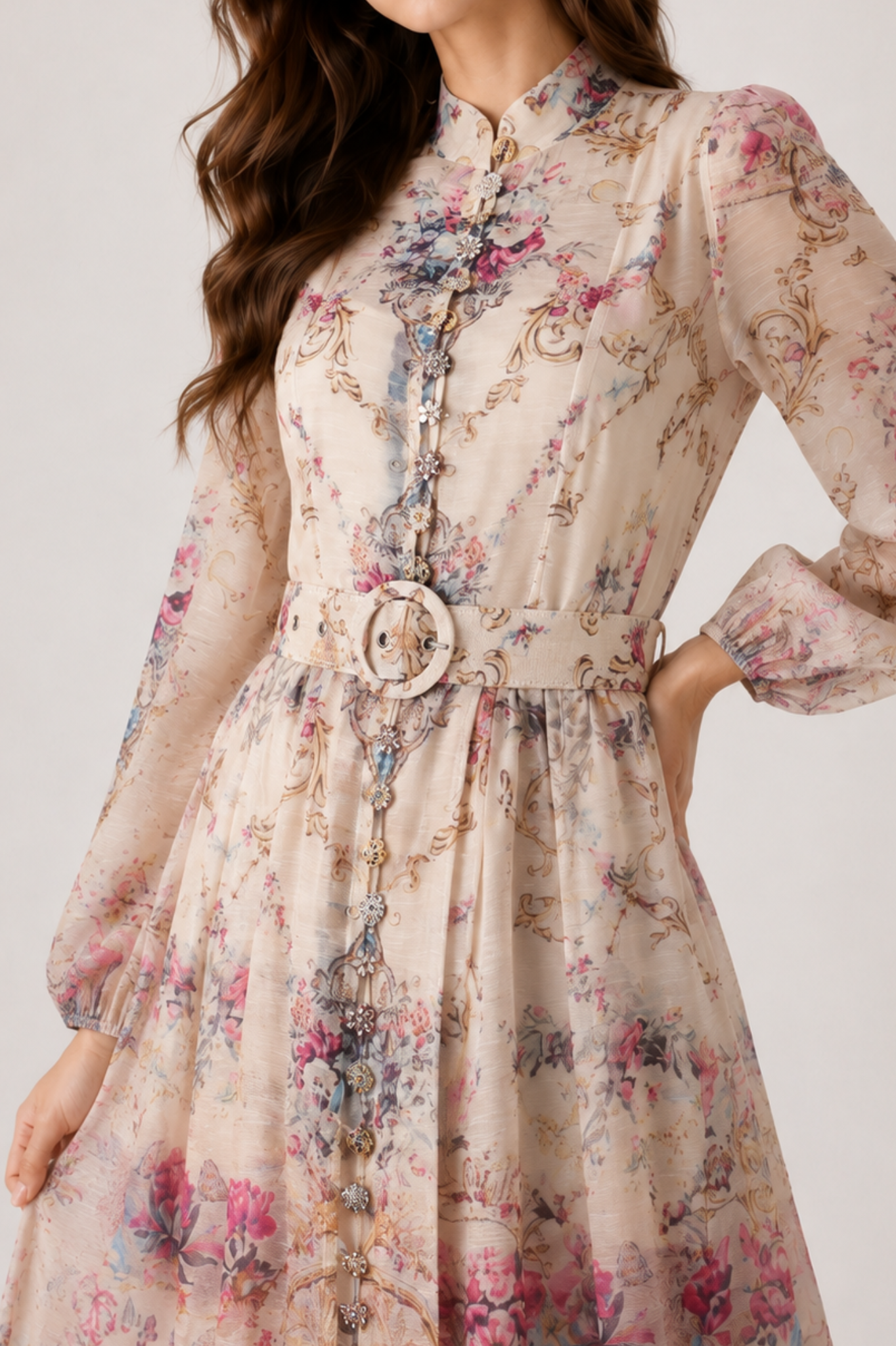 Floral Peacock Print Midi Dress with Belt