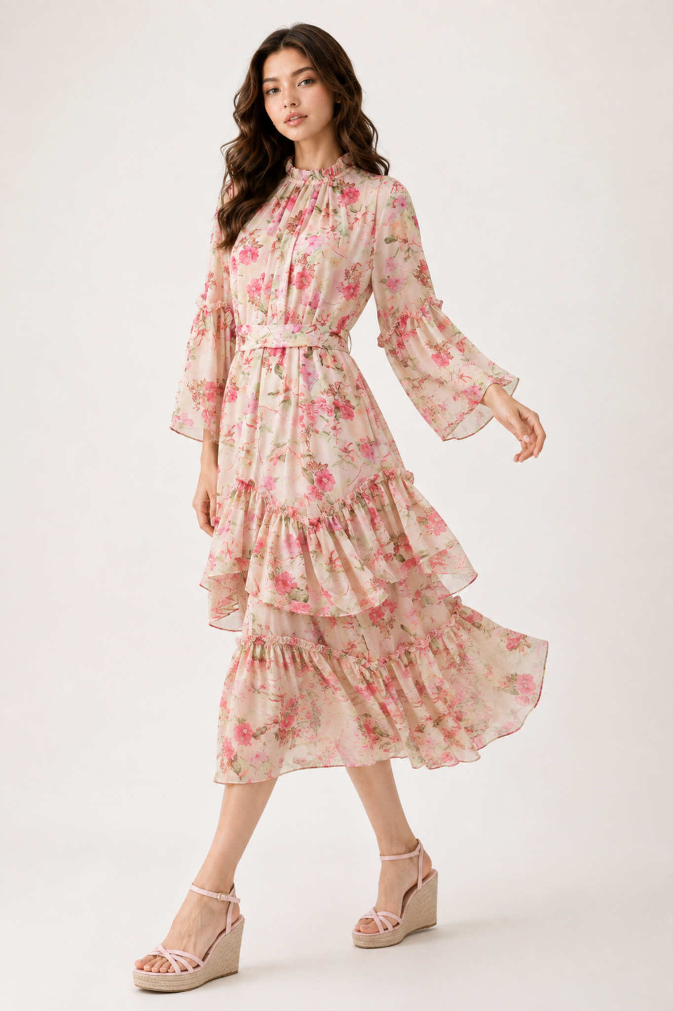 Pink Floral Tiered Maxi Dress
