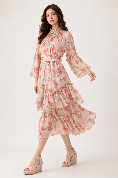 Pink Floral Tiered Maxi Dress
