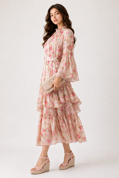 Pink Floral Tiered Maxi Dress