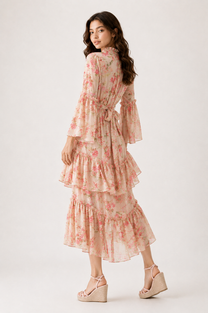 Pink Floral Tiered Maxi Dress