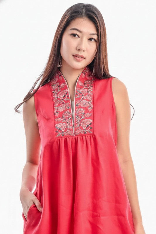 East India Company -Ruth, Embroidered Sleeveless Collared Midi Dress