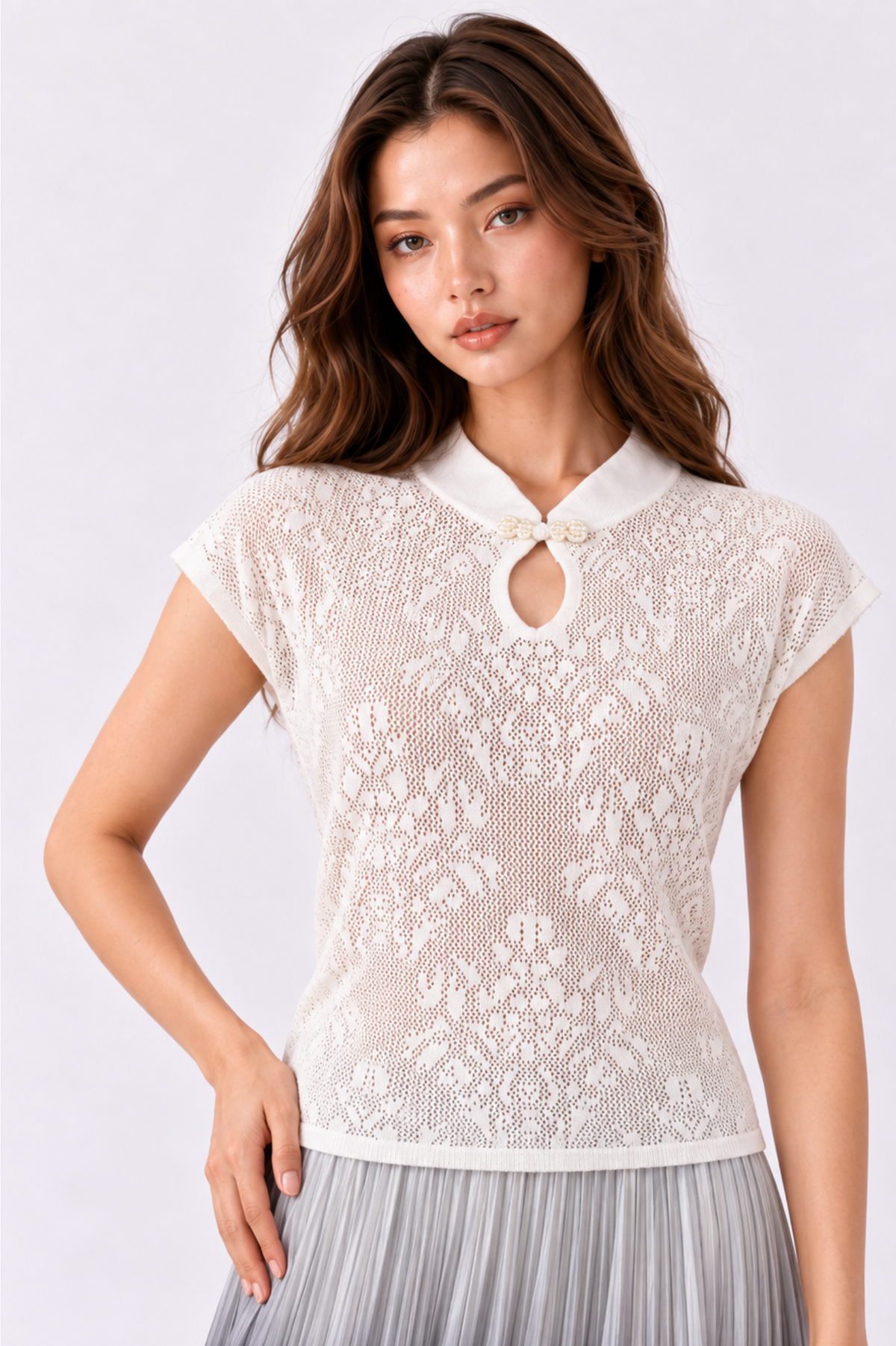 SOMERSET BAY - Keyhole Pearl-Button Crochet Knit Top