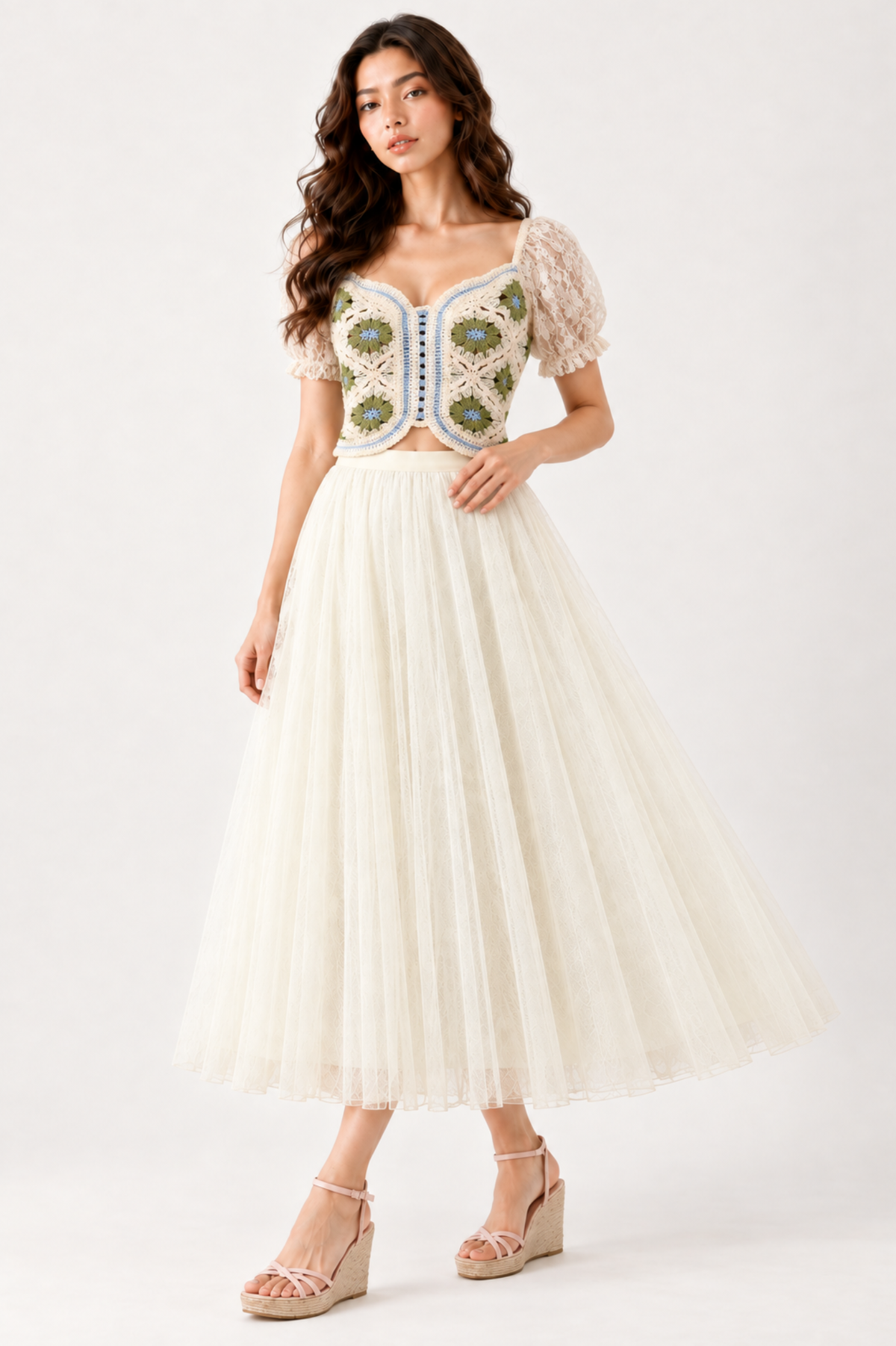SOMERSET BAY - Lace Puff-Sleeve Floral Crochet Top
