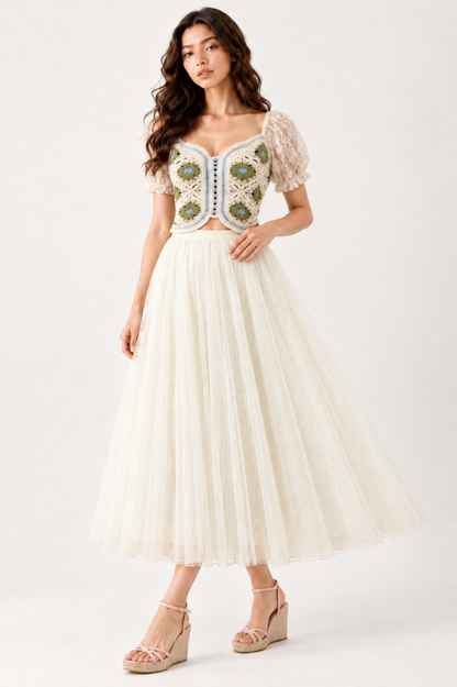 SOMERSET BAY - Lace Puff-Sleeve Floral Crochet Top