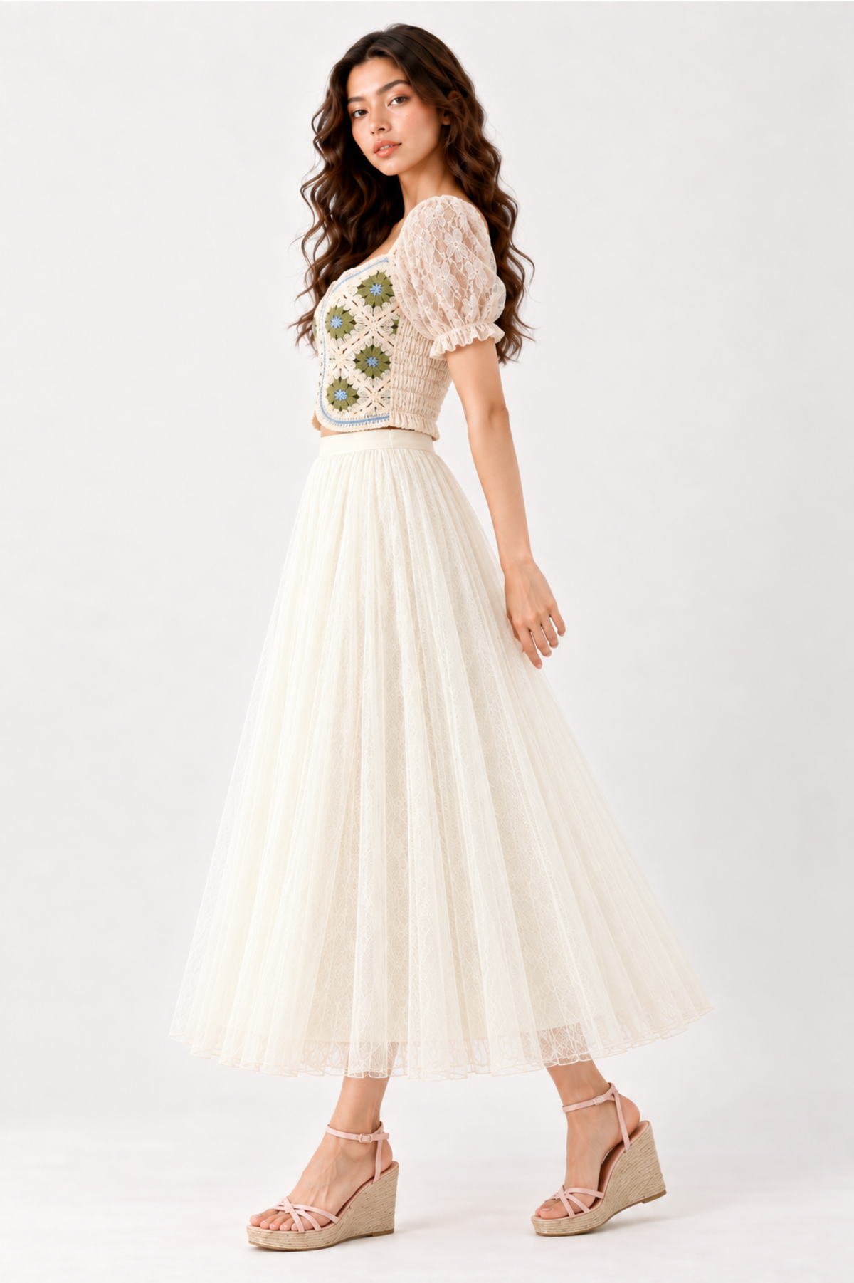 SOMERSET BAY - Lace Puff-Sleeve Floral Crochet Top
