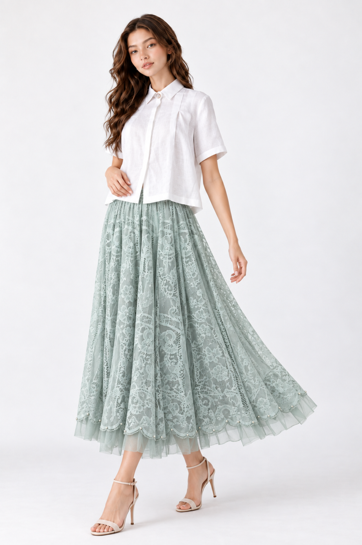 SOMERSET BAY - Full A-Line Lace Pearl-Trim Midi Skirt