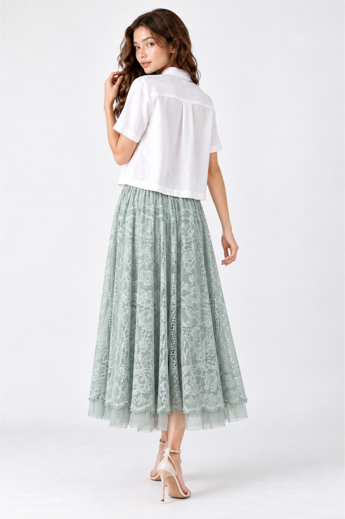 SOMERSET BAY - Full A-Line Lace Pearl-Trim Midi Skirt