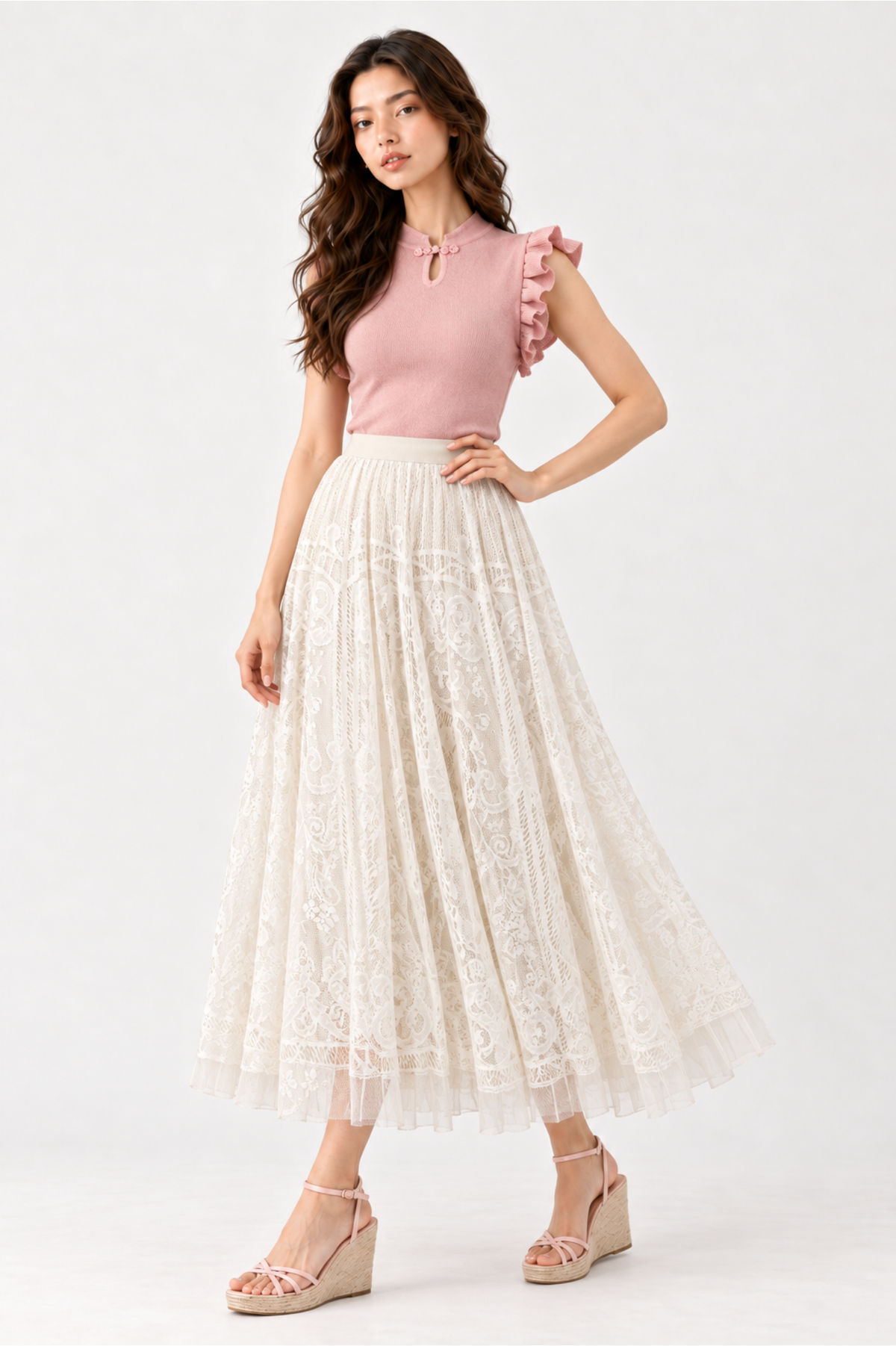 SOMERSET BAY - Full A-Line Lace Pearl-Trim Midi Skirt