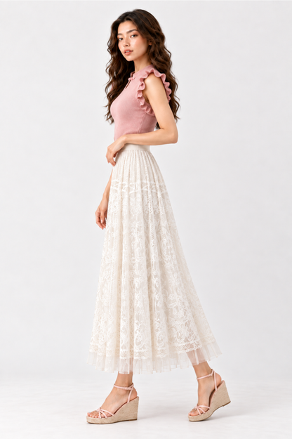 SOMERSET BAY - Full A-Line Lace Pearl-Trim Midi Skirt