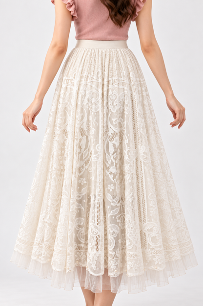 SOMERSET BAY - Full A-Line Lace Pearl-Trim Midi Skirt