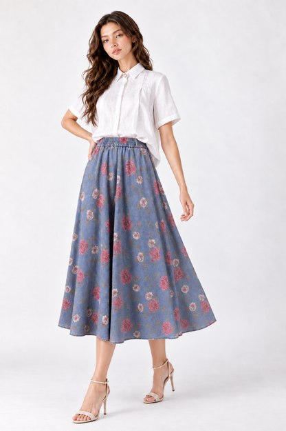 SOMERSET BAY - Denim Blue Floral Midi Skirt