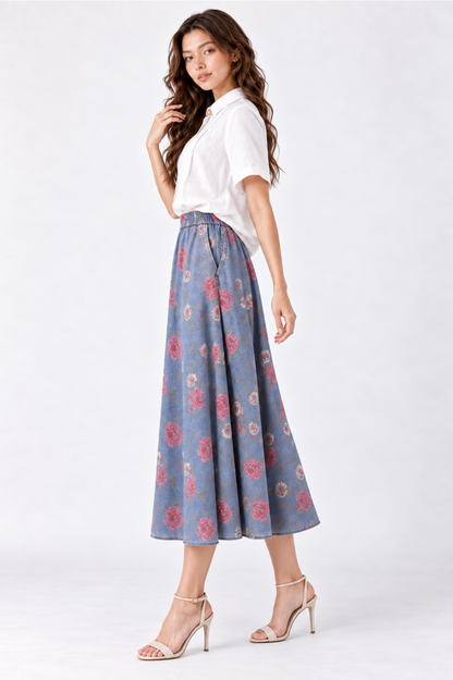 SOMERSET BAY - Denim Blue Floral Midi Skirt