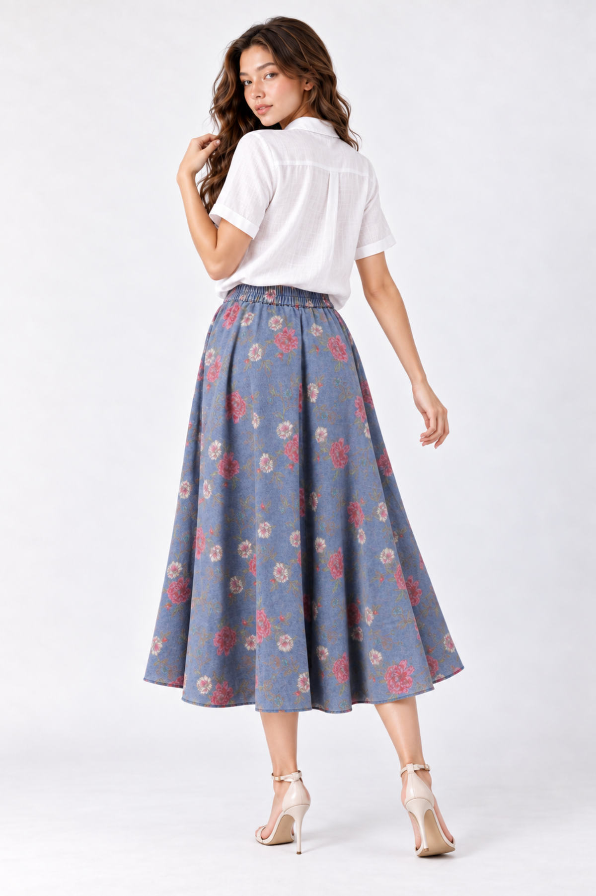 SOMERSET BAY - Denim Blue Floral Midi Skirt