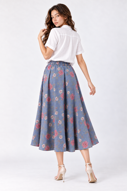 SOMERSET BAY - Denim Blue Floral Midi Skirt
