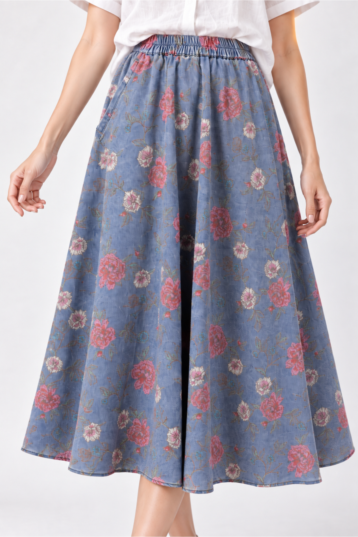 SOMERSET BAY - Denim Blue Floral Midi Skirt